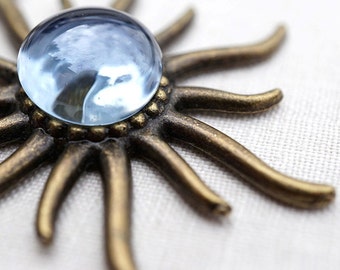 Steampunk Boho Blue Sun Necklace Galaxy Necklace Blue Bubble Necklace Sun Pendant Vintage Style Antique Bronze Chain