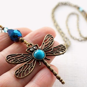 ON VACATION, Boho Dragonfly Necklace Blue Turquoise Peacock Crystal Drop Necklace Large Pendant Long Antique Brass Chain Bohemian image 3