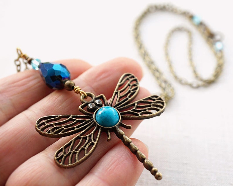 ON VACATION, Boho Dragonfly Necklace Blue Turquoise Peacock Crystal Drop Necklace Large Pendant Long Antique Brass Chain Bohemian image 3