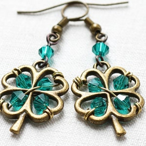 St Patricks Day Earrings 4 leaf clover Four Leaf Clover Jewelry Irish Shamrock Good Luck Charm Green Crystal