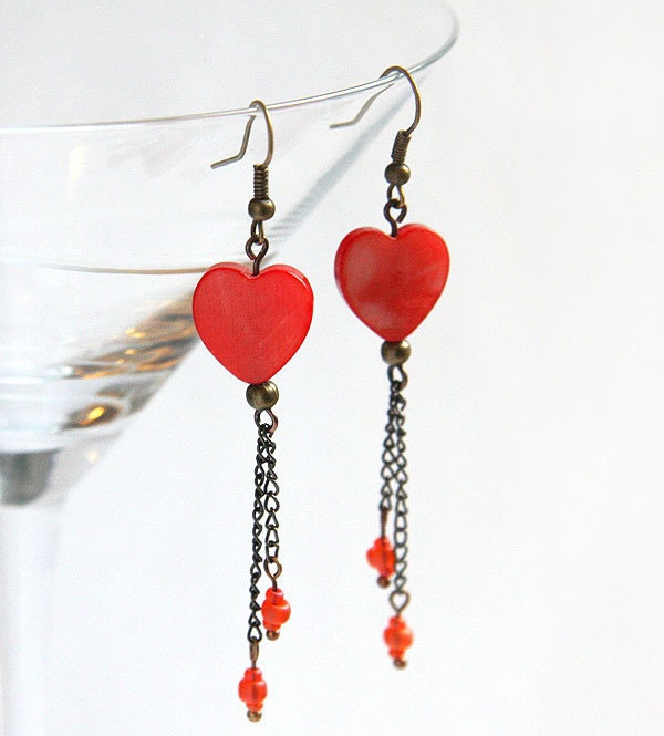 Red Heart Earrings Mother of Pearl Earrings Antique Bronze - Etsy