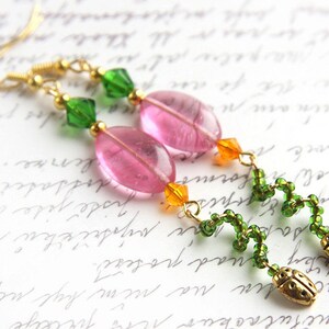 Pretty Gold Ladybug Earrings Spring Garden Earrings Pink Green beaded earrings Long Dangles personalized garden gift