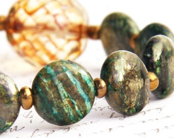 ON VACATION, Bohemian Exquisite Rare Green Dragon Jasper Bracelet Natural Stone Bracelet Faceted Czech Crystal Tribal Bohemian