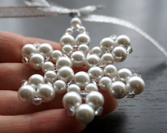 ON VACATION, Modern Christmas tree ornament Large White Pearl Beaded Snowflake Crystal Star folk christmas decor holiday decoration