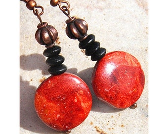 ON VACATION, Red Sponge Coral Earrings, Antiqued Copper, Black Wood, Vintage Tribal Nomad Inspired jewelry