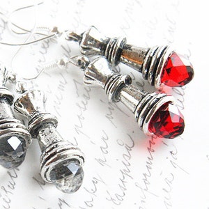 ON VACATION, Red Swarovski Crystal Alice in Wonderland Red Queen Earrings Sterling Dangle Drop Earrings Chess Queen Chess Piece