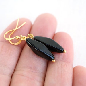 ON VACATION, Simple Black Earrings Long Black Bead Modern Black Glass Earrings Geometric Minimalist Gold Earrings Black Drop image 2