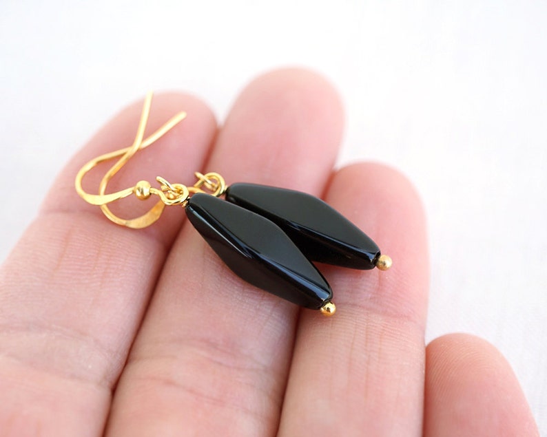 ON VACATION, Simple Black Earrings Long Black Bead Modern Black Glass Earrings Geometric Minimalist Gold Earrings Black Drop image 2