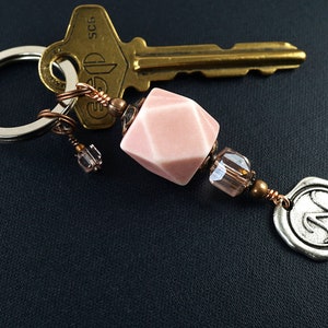 ON VACATION, Geometric Dice Keychain, Custom Initial Letter Charm, Stamped Wax Seal, Personalized Gift, Pink Crystals image 4