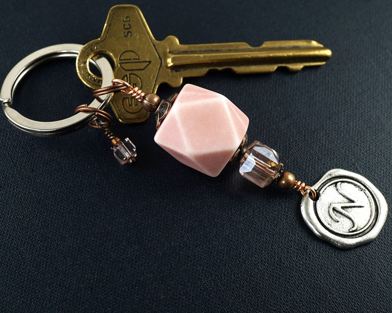 ON VACATION, Geometric Dice Keychain, Custom Initial Letter Charm, Stamped Wax Seal, Personalized Gift, Pink Crystals image 4