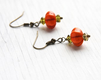 Little Cute Pumpkin Earrings, Green Peridot Gemstone Earrings, Halloween jewelry dainty tiny statement earrings