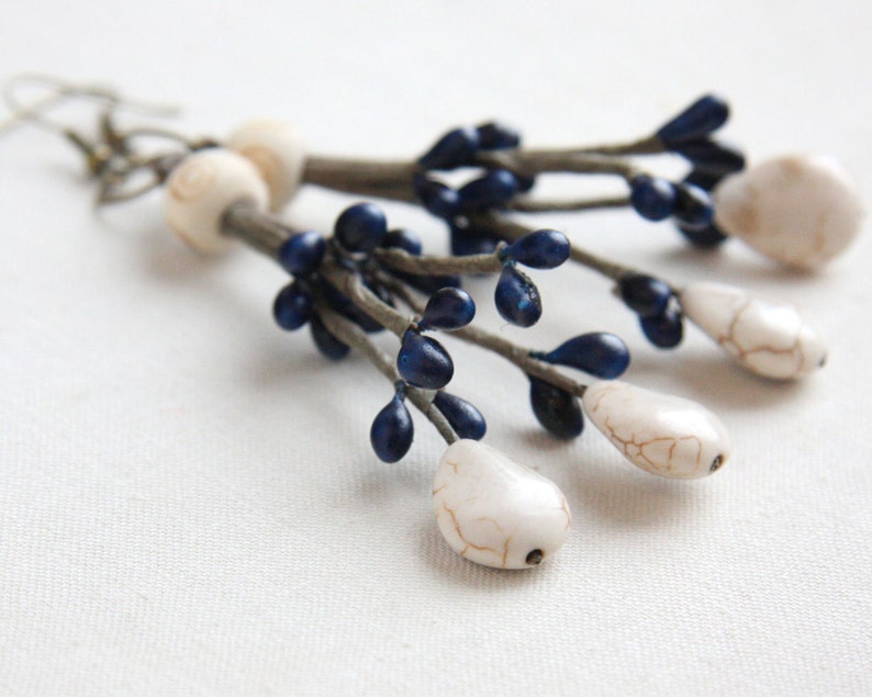 ON VACATION, Woodland Fairy Earrings Cream White Turquoise Indigo Blue Teardrops Wood Magic Inspired Nature Plant Botanical image 2