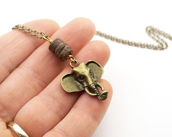 ON VACATION, Elephant Necklace Rustic Tribal Coconut Pendant Bronze Chain Unisex Gift for Men Necklace Hunt Nature Animal Africa