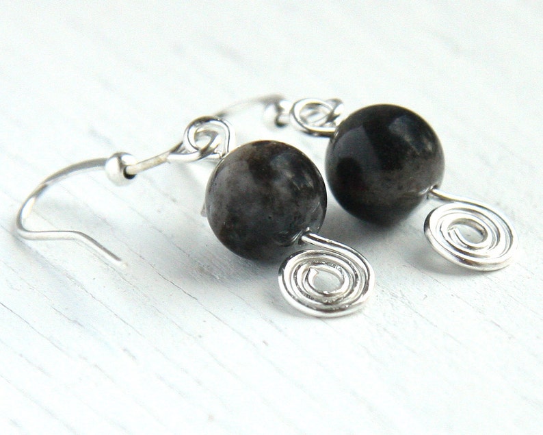 ON VACATION, Natural Jasper Stone Earrings Simple Minimal Black Gray Beige Wire Wrapped Spiral Earrings Sterling Silver image 1