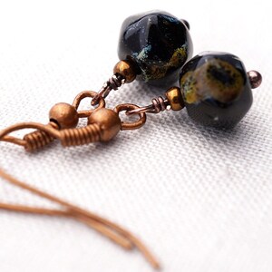 May include: A pair of black and gold earrings with copper wire and hooks. The earrings feature a black glass bead with gold flecks.