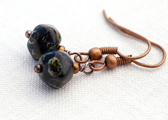 ON VACATION Glass Earrings Dark Picasso Bead Earrings Small Czech Glass Bead Earrings Antique Copper Tiny Minimalist Jewelry