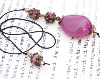 Copper Beaded Bookmark Purple Pink Lampwork Glass Thong String Unique Gift For Reader Librarian teacher Valentine Day Gift