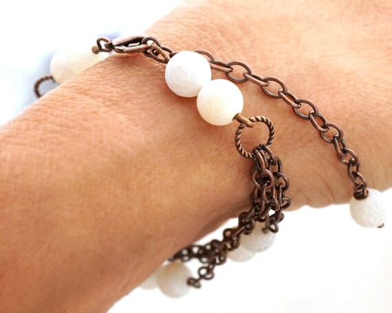 ON VACATION White Matte Quartz Bracelet, Multi Strand Copper Chain,  Frosted Stones, Bohemian Rustic Ethnic Tribal Unisex Jewelry