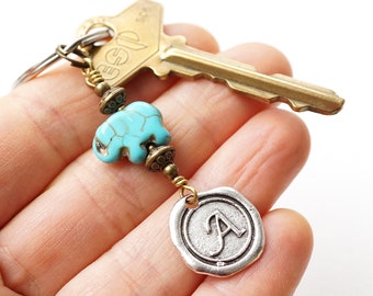 Personalized Keychain, Custom Initial Wax Seal Charm, Lucky Baby Elephant Keyring, Tiny Animal Pet Gift for men women