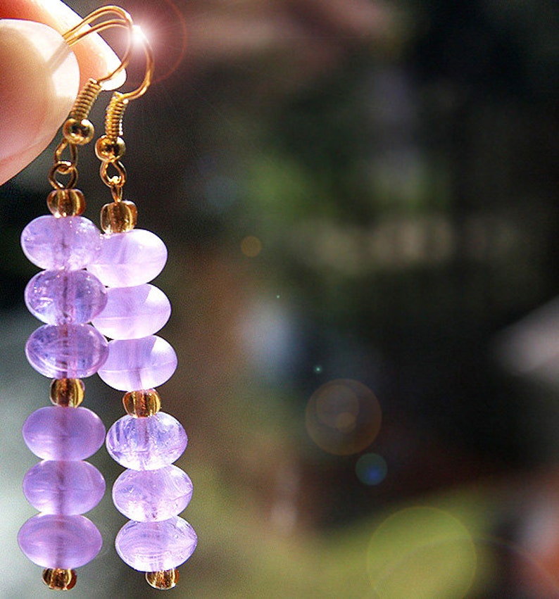 ON VACATION, Bohemian Lavender Dream Glass Earrings Purple Beaded Earrings. Stacked Fire Polished and Frosted Czech Glass Beads image 2