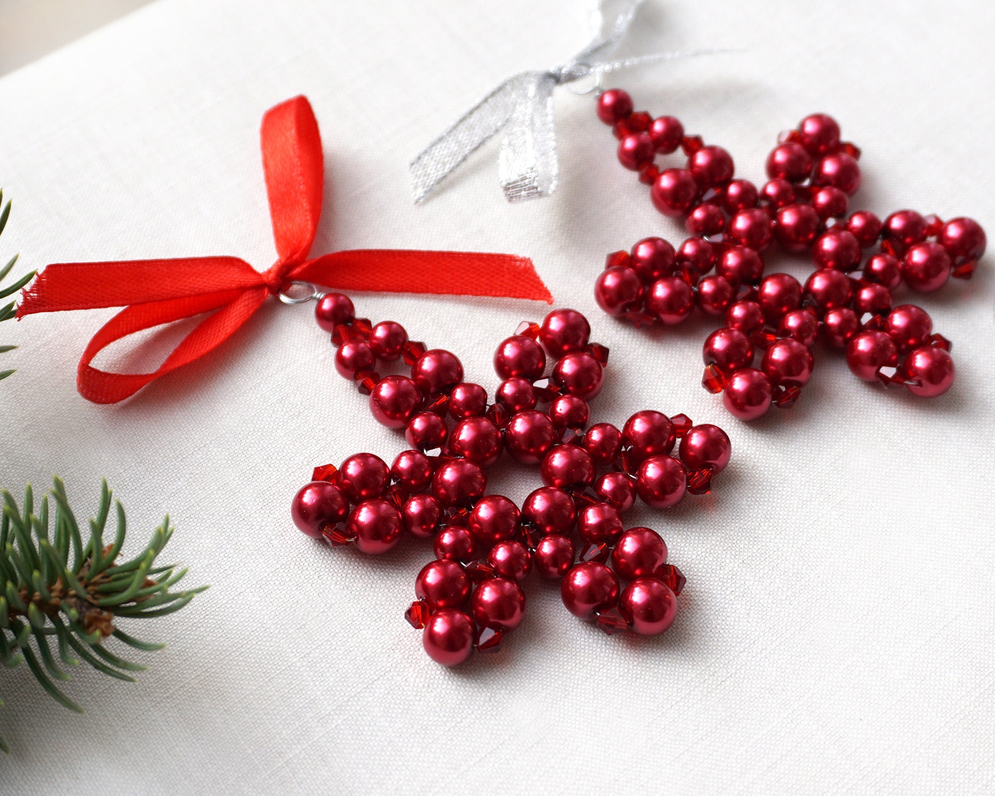 Modern Christmas tree ornament Red Pearl Beaded Snowflake Stocking Stuffer Crystal Star folk christmas decor red decor