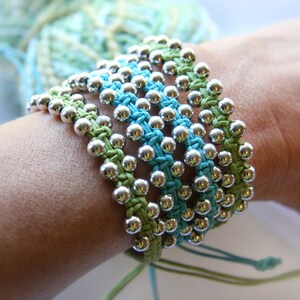 Single Wrap Bracelet Cotton Macrame Bracelet Silver Beaded Bracelet Friendship Bracelet Boho Blue Green Bohemian