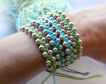 ON VACATION, Single Wrap Bracelet Cotton Macrame Bracelet Silver Beaded Bracelet Friendship Bracelet Boho Blue Green Bohemian