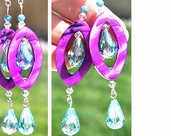 ON VACATION, Turquoise and Aqua Blue Swarovski Crystal Drop Earrings, Hot Purple Mother of Pearl Ovals, Long Dangles, Bright Colorful