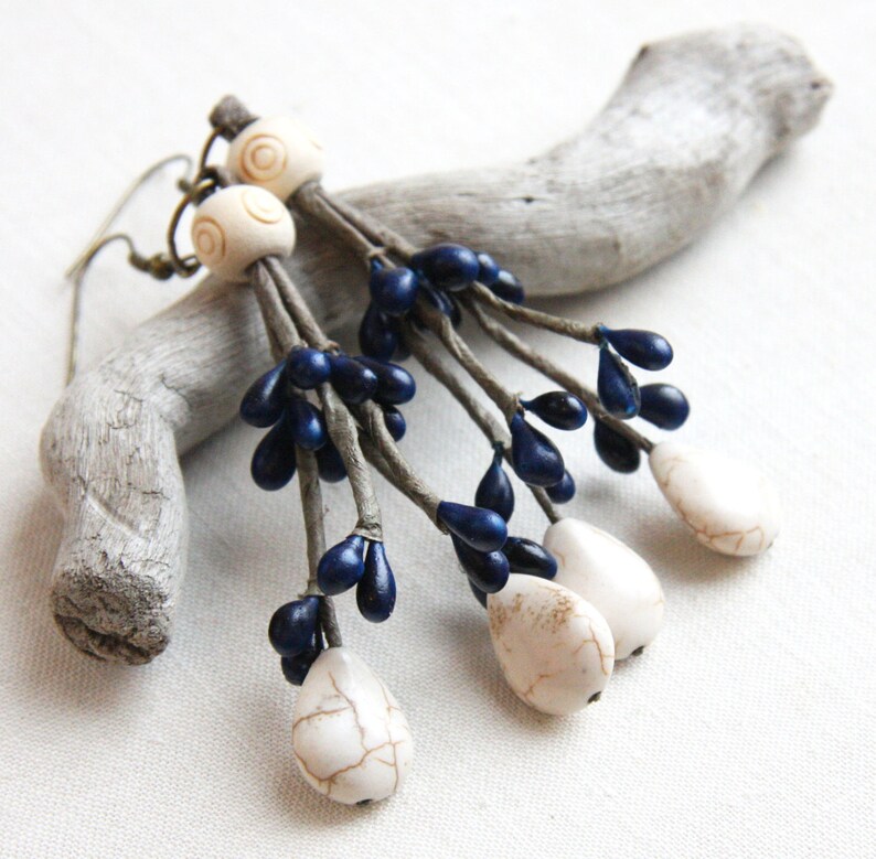 ON VACATION, Woodland Fairy Earrings Cream White Turquoise Indigo Blue Teardrops Wood Magic Inspired Nature Plant Botanical image 4