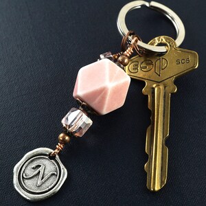 ON VACATION, Geometric Dice Keychain, Custom Initial Letter Charm, Stamped Wax Seal, Personalized Gift, Pink Crystals image 7