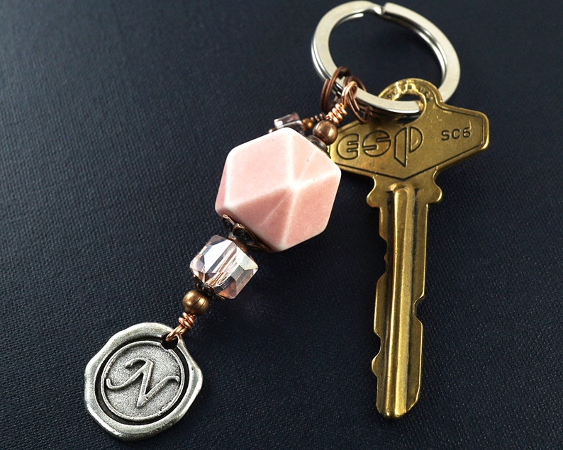 ON VACATION, Geometric Dice Keychain, Custom Initial Letter Charm, Stamped Wax Seal, Personalized Gift, Pink Crystals image 7