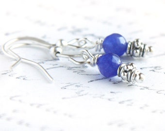 ON VACATION, Bohemian Birthstone Earrings Sterling Silver Wire Wrapped Blue Sapphire Tiny Dainty Little Earrings Dangle Modern