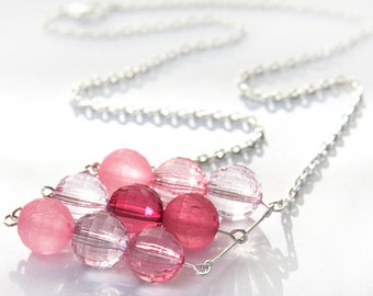 ON VACATION, Pink Lucite Crystal Beads Stacked Bar Necklace dainty Sterling Silver Chain Necklace Modern mod Retro plastic beads