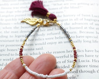 Burgundy White Tassel Bracelet Thin Gold Beaded Angel Wing Charm Boho Friendship Bracelet Tiny Seed Bead Minimal