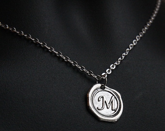 Initial Necklace for Men sterling Silver chain Personalized Necklace alphabet Letter wax seal layered necklace for him