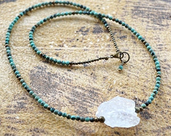 ON VACATION, Boho Rock Quartz Necklace Natural African Turquoise Small Petite Beads Thin Necklace Statement Bohemian raw quartz