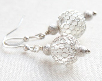 Boho Fish Net Sterling Silver Earrings Fine Jewelry Dangle Drop Earrings Wire Wrapped Net Balls Cage Stardust Wedding