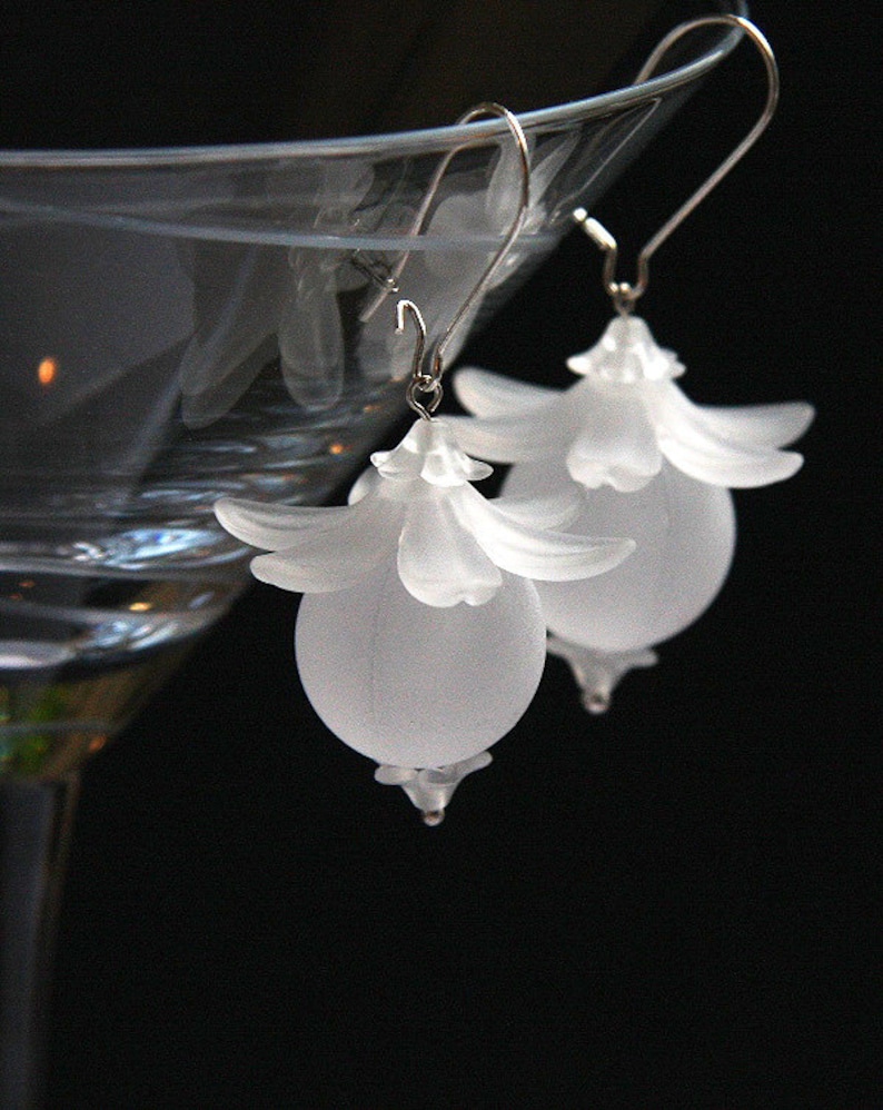 ON VACATION, Wedding Earrings for Bride White Earrings Frosted Lucite Flower Earrings Big Ball Sterling Silver Boho Earrings image 2