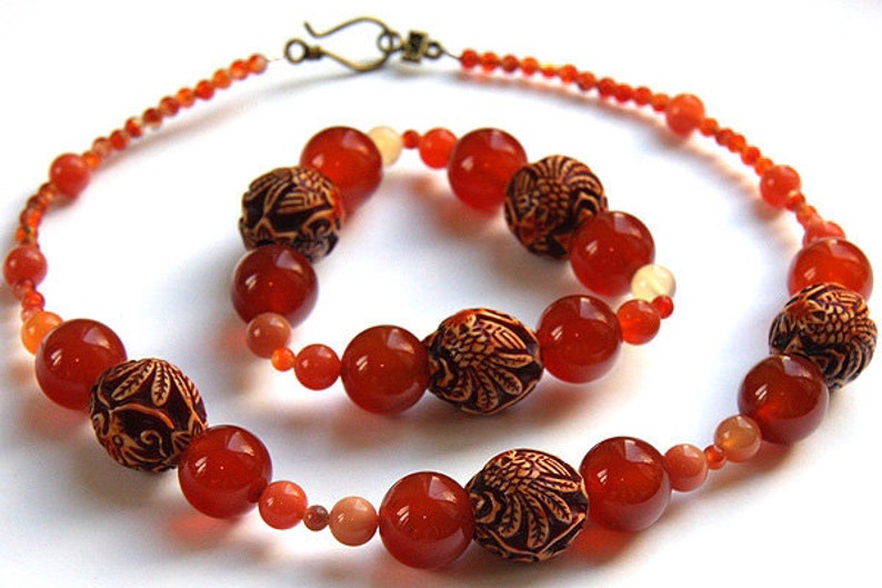 ON VACATION, Boho Big Chunky Carnelian Bracelet Tribal Bracelet Large Dragon Phoenix Resin Beads Statement Earthy Red Burnt orange image 2