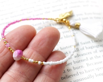 ON VACATION, Pink White Tassel Bracelet Thin Gold Beaded Angel Wing Charm Boho Friendship Bracelet Tiny Seed Bead Bracelet Minimal
