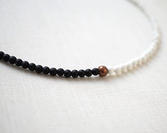 ON VACATION, Thin Black and White Necklace Yin Yang Necklace Black Onyx White Howlite Copper Boho Modern Minimalist B&W Choker