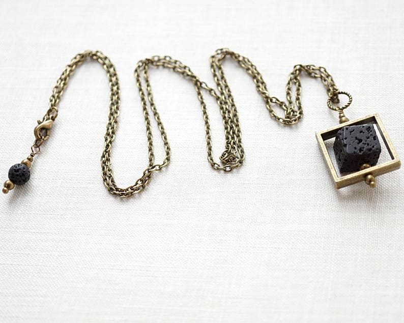 ON VACATION, Raw Stone Necklace Essential Oil Diffuser Necklace Big Cube Square Frame Raw Stone Black Lava Stone Necklace Mens image 8