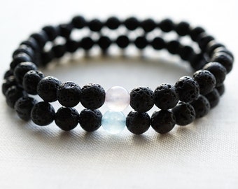Raw Stone Bracelet Couple Bracelets His and Hers Set Essential Oil Diffuser Black Lava Rose Quartz Aquamarine Yin Yang