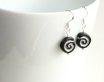 ON VACATION, Bohemian Simple Modern Earrings Spiral Earrings Artisan Glass Earrings Geometric Black Silver Minimal Earrings gift