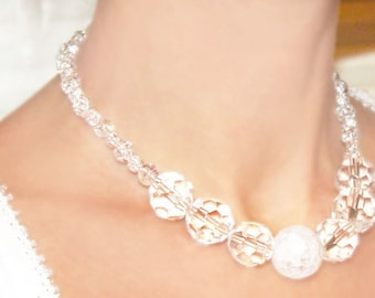 ON VACATION, Wedding Necklace Big Crystal Necklace Bridal Jewelry Frosted & Faceted Crystal Glass Beads White Wedding