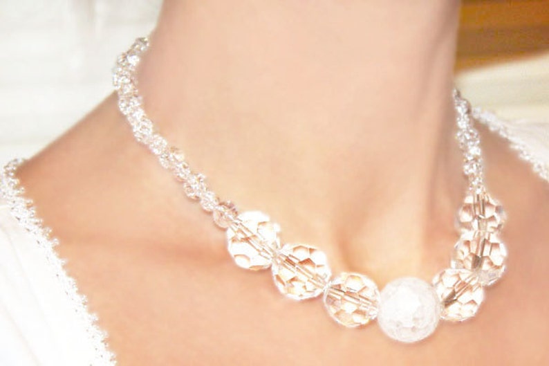 ON VACATION, Wedding Necklace Big Crystal Necklace Bridal Jewelry Frosted & Faceted Crystal Glass Beads White Wedding image 1