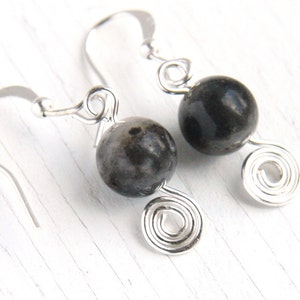 ON VACATION, Natural Jasper Stone Earrings Simple Minimal Black Gray Beige Wire Wrapped Spiral Earrings Sterling Silver image 3