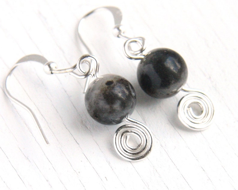 ON VACATION, Natural Jasper Stone Earrings Simple Minimal Black Gray Beige Wire Wrapped Spiral Earrings Sterling Silver image 3