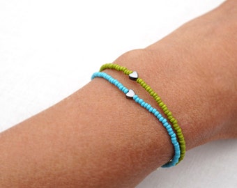 ON VACATION, Friendship Bracelet Sterling Tiny Minimal Stacking Bracelet Petite Heart Thin Bracelet Blue Green Custom mint green