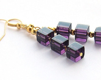 ON VACATION, Boho Modern Geometric Earrings Purple Stacked Cube Earrings Silver or Gold Amethyst Glass Beaded Earrings Minimal